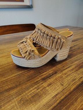 Tory Burch Fria Knotted-Fringe Espadrille Slide Suede Platform Sandals Size 6